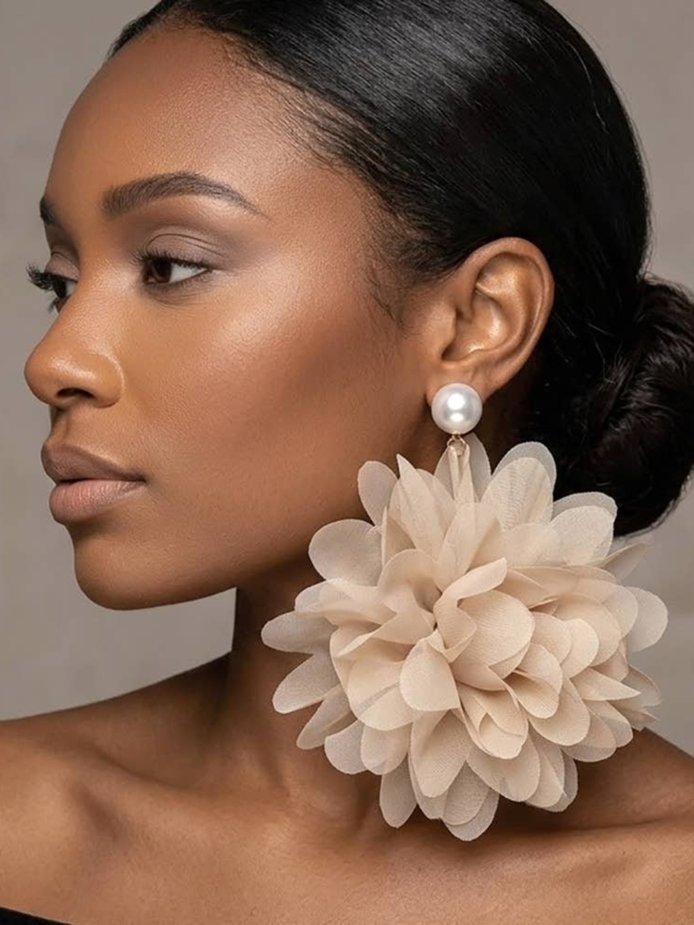 Statement Pearl Drop Earrings with Beige Floral Pom